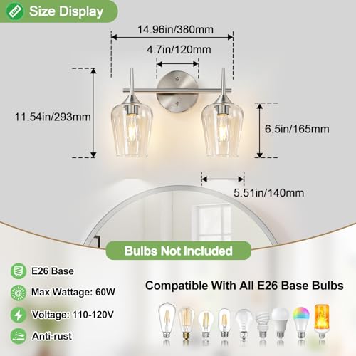 Image of MOKATNG 2-Light Bathroom Light Fixtures, Brushed Nickel Vanity Lights for Bathroom with Clear Glass, Bathroom Lighting Fixtures Over Mirror, Modern Wall lamp for Cabinet Hallway