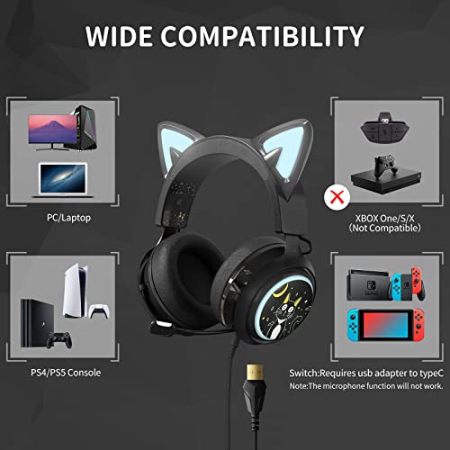 Easars Cat Ear Headset, Usb Gaming Headset With Retractable Mic, 7.1 Surround Sound, Rgb Lighting, Wired Headset For Pc, Ps4, Ps5 - Black #TOP5