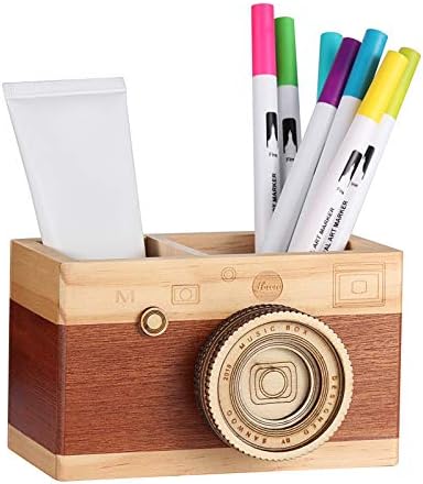 Obling Desk Pencil Holder Organizer, Wooden Pencil Holder for Desk Tidy, Retro Camera Pen Holder Students Stationery Desk Organizers for Office Decoration