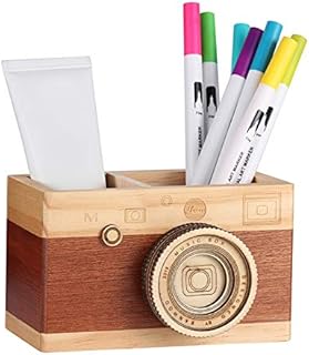 Obling Desk Pencil Holder Organizer, Wooden Pencil Holder for Desk Tidy, Retro Camera Pen Holder Students Stationery Desk Organizers for Office Decoration