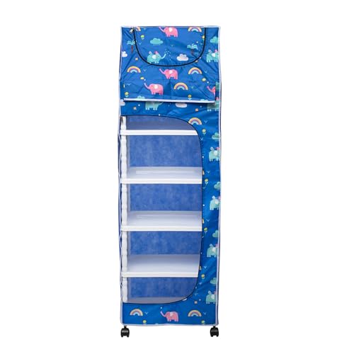 Image of HYSEYY Baby Wardrobe Plastic Kids Storage Rack with Fabric Cover & Wheels | 6-Tier Plastic Shelves Organizer | Toy, Book & Clothes Storage Cabinet for Kids Room (Elephant Pattern)