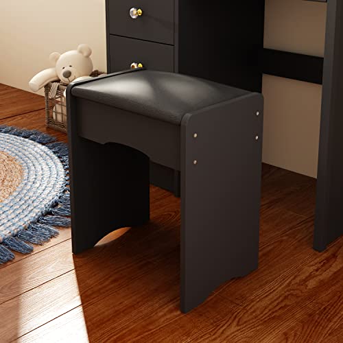 ECACAD Vanity Desk Set with Large Mirror, Makeup Vanity Dressing Table with 5 Drawers, Storage Shelves and Cushioned Stool for Bedroom, Black