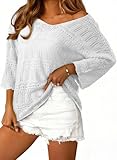 SHEWIN Womens Tops Dressy Casual V Neck Short Sleeve Sweater Spring Top Pullover Cute Oversized Tshirts Hollow Out Beach Cover Ups Resort Wear Summer Tops for Women,US 12-14(L),White