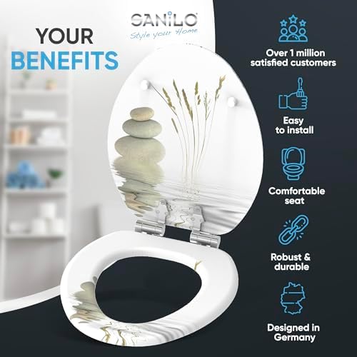 Sanilo 173 Elongated Molded Wood Adjustable Toilet Seat with No Slam, Soft-Close Lid, Stainless Steel Hinge, and Unique Design, Balance Stones - 1