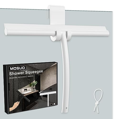 MOSUO Rasqueta Limpiacristales para Ducha, Limpia Mamparas Ducha Cristal Silicona con Gancho, Rasqueta Núcleo Acero INOX para Baño, Cristal, Puerta de Ducha, Espejo Rasurador de Ventana (Blanco 28CM)