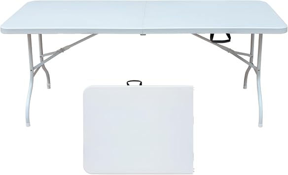 6ft Folding Table, Heavy Duty Portable Plastic Foldable Table for Camping, Parties, Picnics, BBQ & Indoor Use, Waterproof, High Load Bearing with Steel Frame, Adjustable Height, White