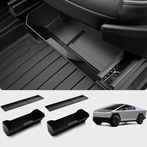 SUMK Front Under Seat Storage Box for Tesla Cybertruck Accessories 2024 2025, ABS & Silicone Underseat Storage Tray Box Organizer for Cybertruck [2 Pack]
