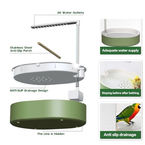 POMFAEE Bird Bath, Parrot Bathtub, Automatic Parrot Shower Bath with Pump, Birds Shower Bathtub with Running Water, Large-Capacity Water Tank,Suitable for Many Kinds of Birds (Green)