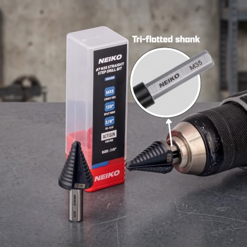 Image of NEIKO 10618B Step Drill Bit, 1 Step 7 /8 inch Straight M35 Cobalt, AlTiSiN Coated, 3 /8 inch Tri-Flat Step Bits for Steel, Metal, Wood, Plastic, Unibit Cone Drill Bits, Two Flute