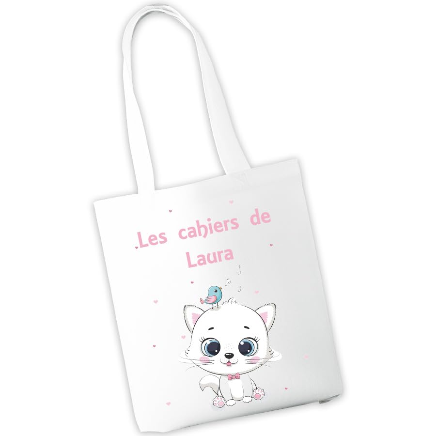 Sac à cahiers personnalisé - Sac de transport pour cahiers et livres d'école ou de bibliothèque - Prénom et motif au choix - Cadeau rentrée scolaire, maternelle, crèche, école (Chat)