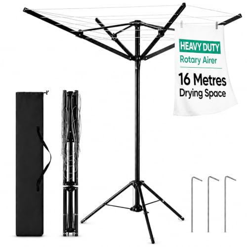 Vivo Technologies 16M 4 Arm Washing Line Freestanding Portable Rotary Airer Camping Washing Line With 3 Stable Legs Foldable Dryer Clothes Airer for Indoor & Outdoor