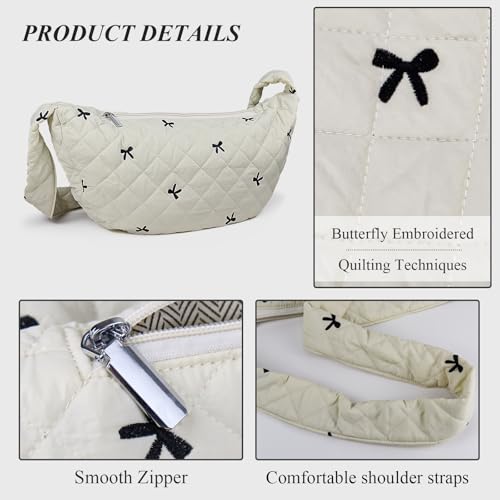 Bow Embroidered Sling Bag, Crossbody Bags for Women with Pocket & Zipper, Puffer Tote Bag with Shoulder Strap3