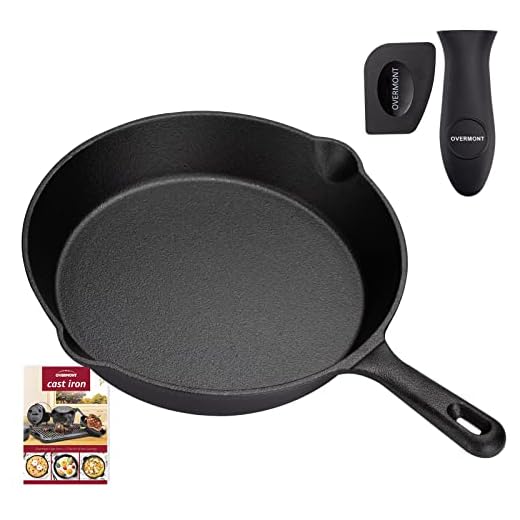 Overmont Pre-sazonado Sartén Ollas de Hierro Fundido para Freír, Utensilios de Cocina Seguros para Estufa, Barbacoa, Fogata, diámetro 24 cm, Negro