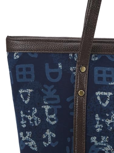 Image of NEPRI Printed Office Tote Bag | Laptop Bag 15.6 inch | Stylish Tote Bags for Office Use | Purse for Women | Vegan Leather & Handblock Printed Fabric Handbag | Daily & Travel Use