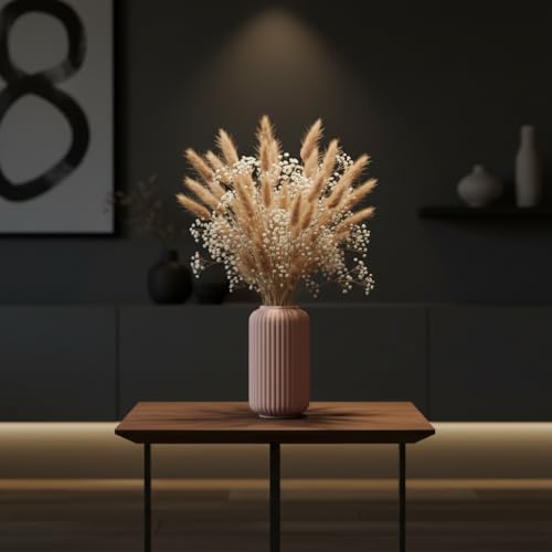 Image of PUREZENTO Pink Ribbed Texture Ceramic Vase - 6 Inch | Vases for Centerpiece Home Decor, Living Room & Bedroom | Vase for Pampas Grass, Dried & Artificial Flowers