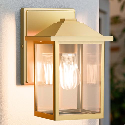 Image of Outdoor Wall Light Fixture, Exterior Waterproof Porch Lighting | Gold Patio Wall Lantern, Anti-Rust, Clear Glass, E26 Socket, Wall Mount Sconce Lighting, Outside Front Door Light Entryway
