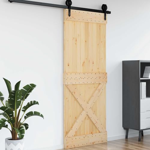 QUAHEAS Narvik - Puerta de madera de pino macizo natural de 90 x 210 cm, para interiores y habitaciones, con marco y bisagra para salas de estar y trabajos, ahorro de espacio, fácil montaje, aspecto