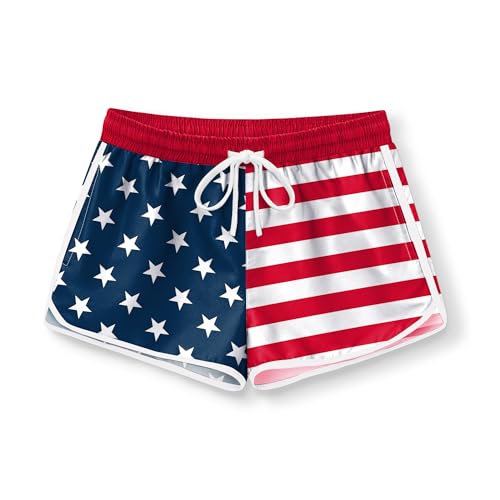 Image of BesserBay Girls 4th of July Elastic Waist Beach Swim Shorts American Flag Trunks with Pockets 5-14 Years