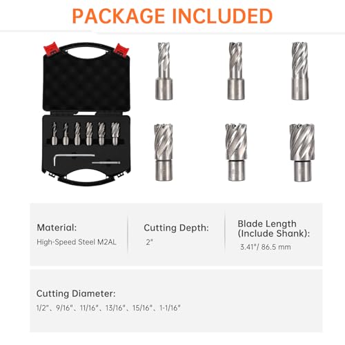 Image of 6 PC Annular Cutter Set, 1 inch Cutting Depth, 1 /2 inch to 1-1 /16 inch Cutting Diameter, HSS Mag Drill Bits Kit with Pilot Pin & Portable Case, Universal Shank Mag Drill Bits for Magnetic Drill Press