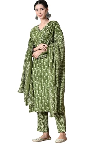 Image of Amazon Brand - Tavasya Women Cotton Anarkali Kurta Pant Dupatta Set | Printed Ethnic Suit Set | Flared Anarkali Kurta with Pant & Dupatta | Festive & Casual Wear