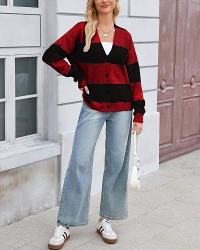 Image of YEXPINE Unisex Striped Cardigan Sweaters Open Front Long Sleeve Oversized Button V Neck Knit Outwear