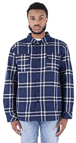 Image of Shaka Wear Men's Plaid Shirts - Flannel Hooded Long Sleeve Casual Button Up Fleece Soft Quilted Lined Hoodie Jacket PFJ03 Navy S