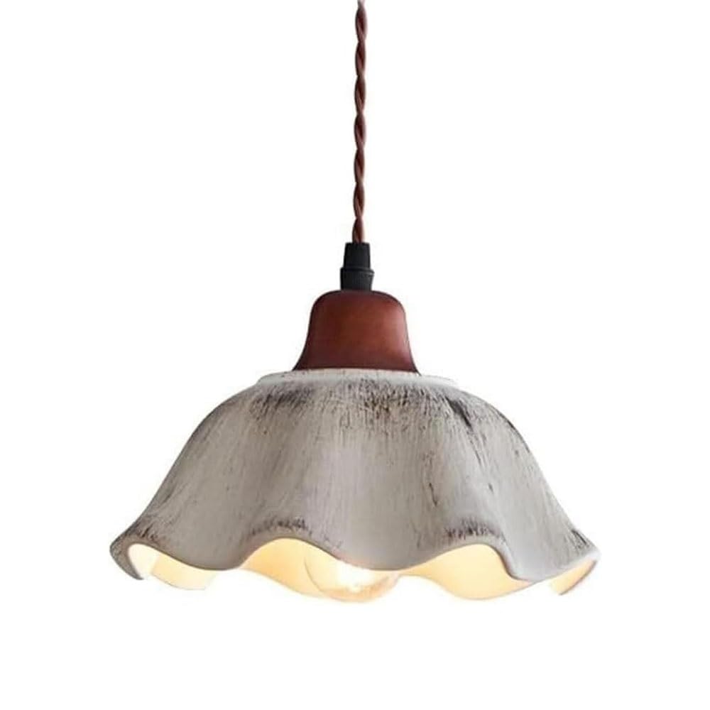 FEITENGDA Vintage Farmhouse Ceramic Pendant Light with Scalloped Edge Solid Wood Accent Hanging Lamp Interior Minimalist Decor Chandelier for Kitchen Island Bedroom Hallway