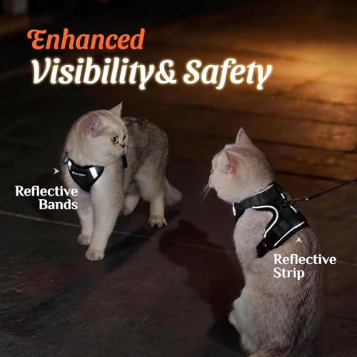 Dooradar Cat Harness and Leash Set with Neck Release Buckle, Black | Escape Proof, 3 Easy-on Buckles, Smooth & Lockable Adjustment, Soft Air Mesh, Reflective, for Small to Average Cat Walks, S - Image 7