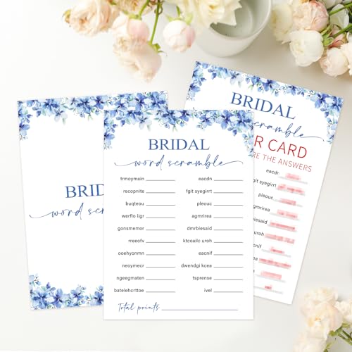 Image of Bridal Word Scramble Bridal Shower Games, 25 Blue Floral Wedding Shower Game Cards & 1 Answer Card, Engagement Party Game for Guests, Wedding Games for Reception, Marriage Party Supplies -17
