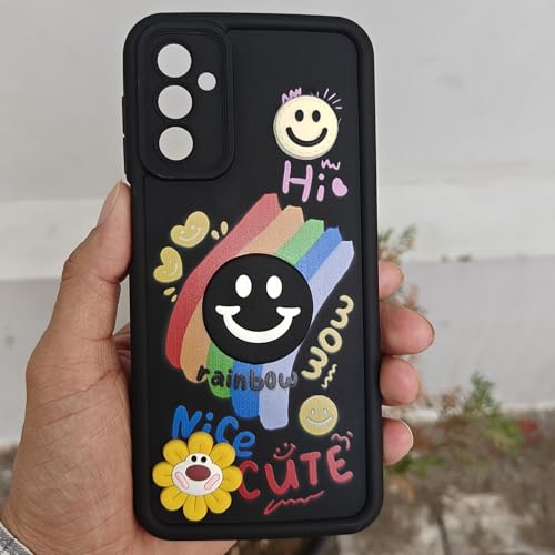 Image of Amazon Basics Back Cover for Samsung Galaxy F23 5G | Cute 3D Cartoon Rainbow Smile Flower | Raised Camera Protection | Shockproof Soft Silicone Bumper Case (Black)