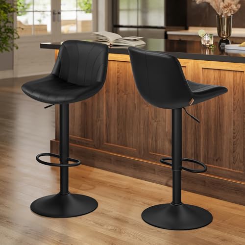 VASAGLE Bar Stools Set of 2 Adjustable Bar Chairs with Backs 360 Swivel Metal Footrest Barstools for Kitchen Dining Reception PU Leather Ink Black LJB181BH02