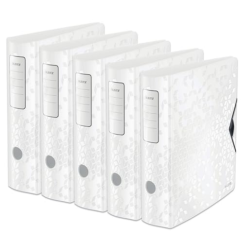 Leitz Qualitäts-Ordner 180° Active WOW, 5er Pack, A4, Breit, Abgerundeter Rücken, 8,2 cm breit, Gummibandverschluss, Leichtes Polyfoam, Plastik-Ordner, WOW Serie, Weiß, 11060001