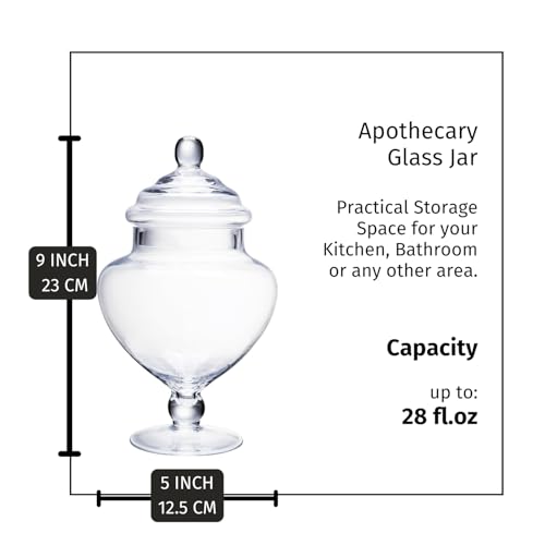 Clear Glass Apothecary Jars, Heart Shape Small Candy Buffet Display Elegant Storage Jar, Decorative Party Wedding Candy Organizer Canisters Xmas Gift (H: 9\", D: 5\"; 28 FL.OZ)