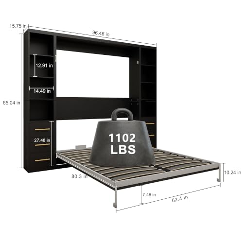 Image of KEIKI Queen Size Vertical Cabinet Murphy Bed with 2 Side Cabinet, Black | Multifunctional Foldable Hideaway Wall Metal Bed Frame, No Box Spring Needed, Easy Assembly, for Bedroom, Guest room