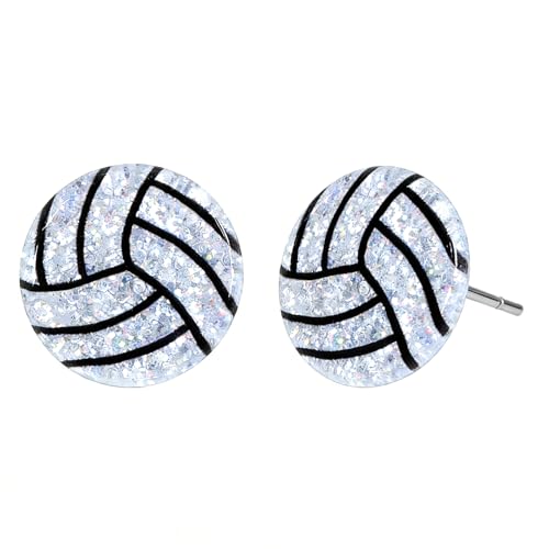 Nanafast Acrylic Sports Earrings for Women Small Glitter Soccer/Basketball/Baseball/Softball/Volleyball/Football Stud Earrings for Game Day Outfits Sport Lover Gifts-Volleyball