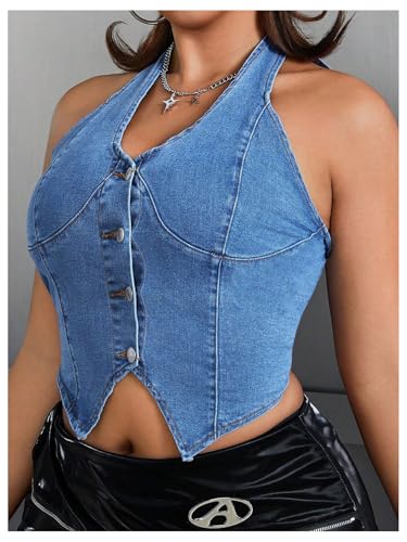 OYOANGLE Women's Plus Size Button Front Halter Denim Tops Y2K Open Back Crop Jean Vest4