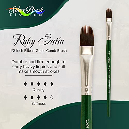 Silver Brush Limited 2528S1/2 Ruby Satin Filbert Grass Comb Brush Fluid And Flow Acrylics, Size 1/2 Inch, Short Handle #TOP1