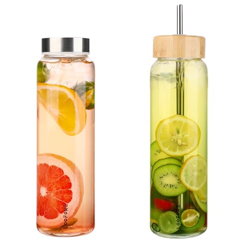 LOOFORE Borraccia Vetro 1 Litro con Cannuccia, Borraccia in Vetro Borosilicato con 2 Coperchi (Coperchio in Bambù e Acciaio Inossidabile), senza BPA, Prova di Perdite per Acqua Campeggio Sport Viaggi