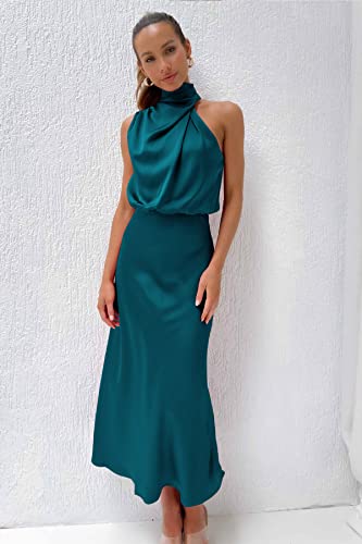 Betianro Women's 2023 Sleeveless Cocktail Dresses Mock Neck Keyhole Elastic High Waist Satin Wedding Guest Evening Party Maxi Dress Blue #TOP5
