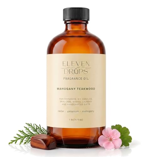 Eleven Drops Mahogany Teakwood Fragrance Oil | Cedar Geranium & Mahogany Notes | Long Lasting Scent Reed Diffuser Oil for Home Office Hotel Car & Linen Spray | Pet Friendly IFRA Compliant 16 oz