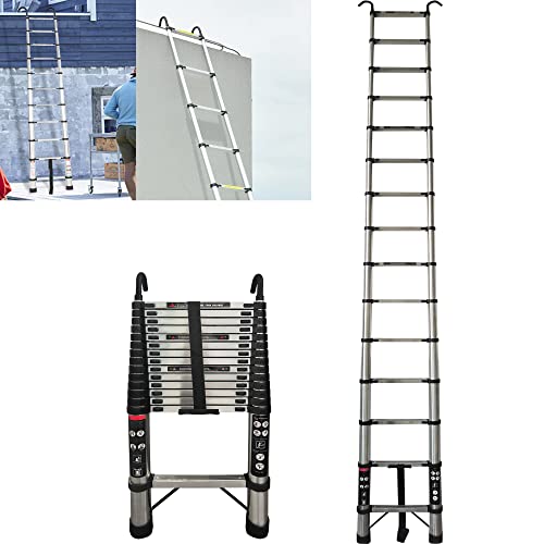 4.4M Escaleras Plegables Telescópicas con 2 Ganchos de acero Inoxidable Extensión Extensible 14 Peldaños,150kg Max. Capacidad EN131 Portátil Loft Ático para Negocios Casa Trabajo Bricolaje Constructor