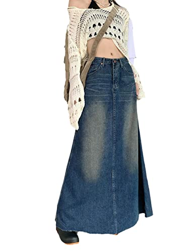 Jupe longue vintage en jean pour femme jupe trapèze en denim bleu 40