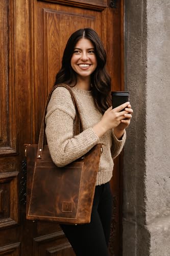 Image of Goatter Genuine Leather Large Tote Bag for Women - Spacious Brown Shoulder Handbag for Office, College, or Travel Use