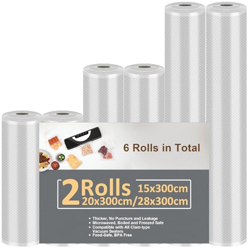 Vihoom Vakuumierbeutel 6 Rollen Vakuumierfolie 15/20/28x300cm(18m), Profi-Folienrollen Vakuumierer Lebensmittel BPA-frei, stark & reißfest, für alle Vakuumierer & Sous Vide