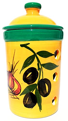 1006 JOSKO Productos Dulces de Orinal con Tapa para el ajo, Cebolla y Chili - de la Mano de Acabado de cerámica de Resistencia, diseño mediterráneo, Altura de 17 cm, diámetro de 9,5 cm Cover
