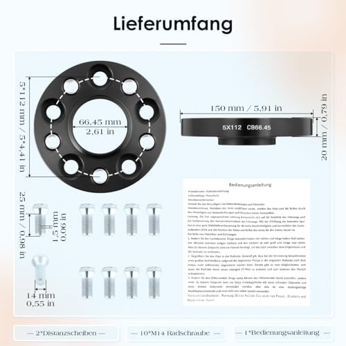 GEARMONSTER Spurverbreiterung, 2x20mm Distanzscheiben Set, LK:5x112 NLB:66.45, 40mm Spurverbreiterungen mit 10 Stück Radschrauben M14x1.5x25mm für Benz, Schwarz