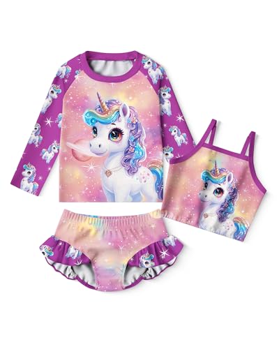 Image of LQSZ Girls Rash Guard Sets Long Sleeves Swimsuit 3 Pieces Tankini Bathing Suit Swimwear for Girls 3-12 Years