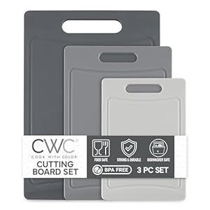 COOK WITH COLOR Non-Slip Cutting Board Set – Kitchen Essentials with Easy Grip Handle for Meat, Veggies, and Fruits, 3 Cutting Boards, Gray