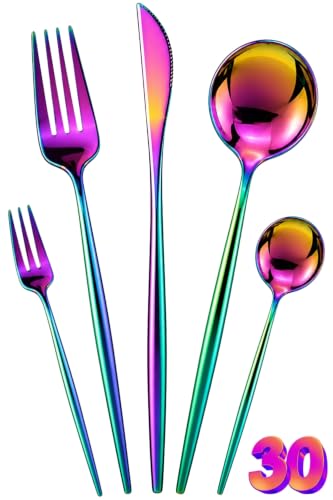 Image of Slim Handle Rainbow 30 Pcs Stainless Steel Cutlery Set for Dining Table, Dishwasher Safe Glossy Flatware (6 Spoon Set+6 Forks Set+6 Butter Knife+6 Dessert Spoon+ 6 Fruit Fork)