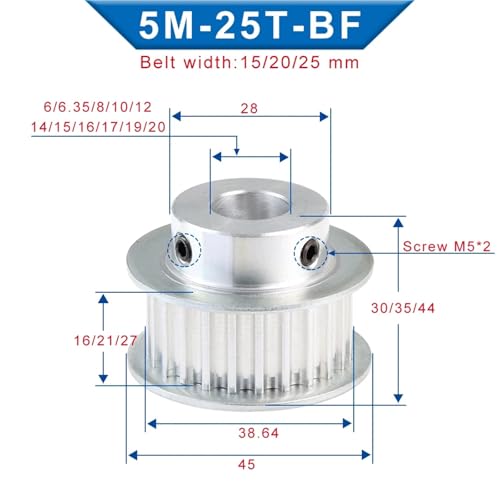 Polea de correa de 5m, diámetro interior de 6mm, 25 dientes, ancho de 20mm, 1 unidad 2